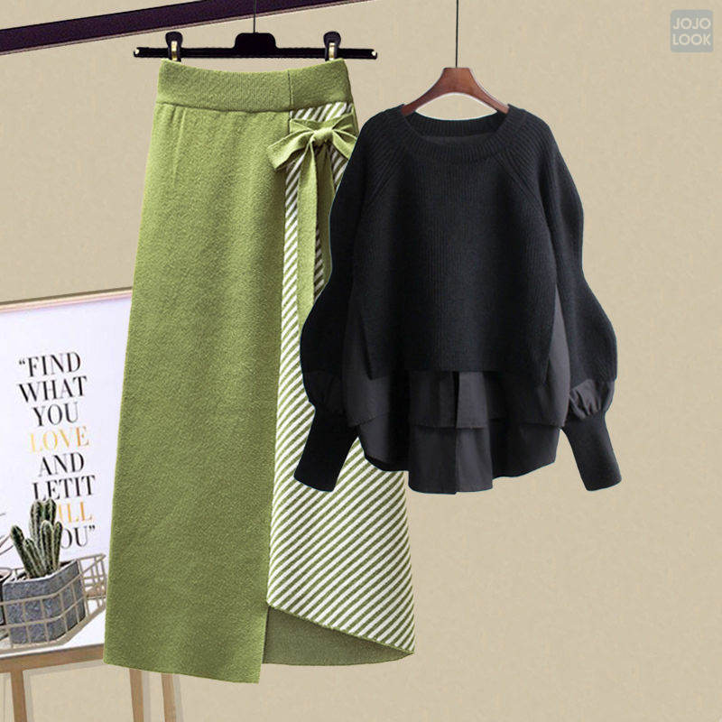 ブラック/セーター+グリーン/スカート