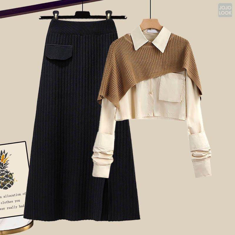 アイボリー/シャツ+コーヒー/ショール+ブラック/スカート