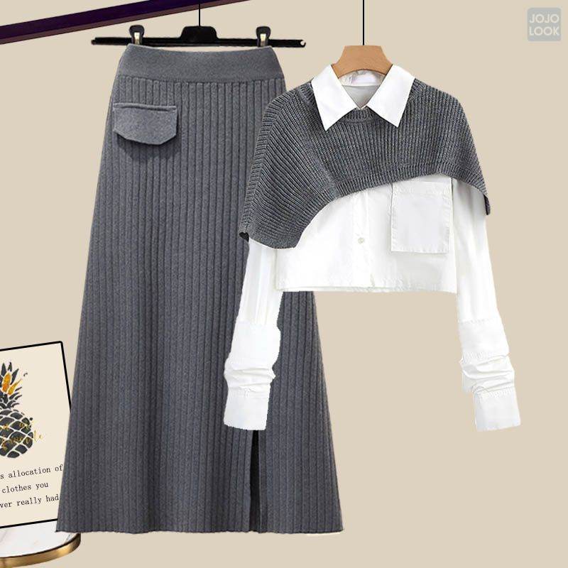 ホワイト/シャツ+グレー/ショール+グレー/スカート