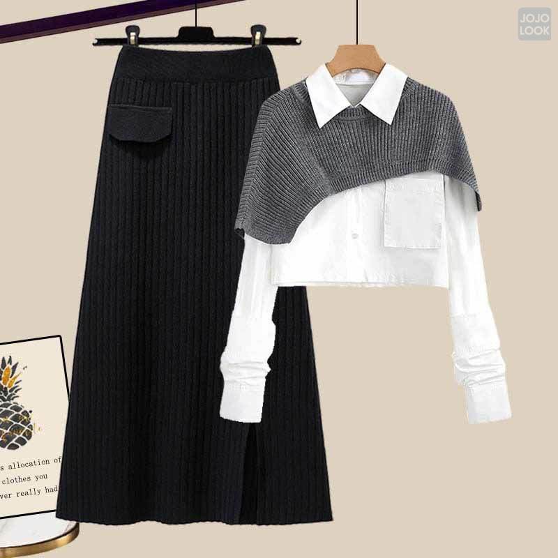 ホワイト/シャツ+グレー/ショール+ブラック/スカート