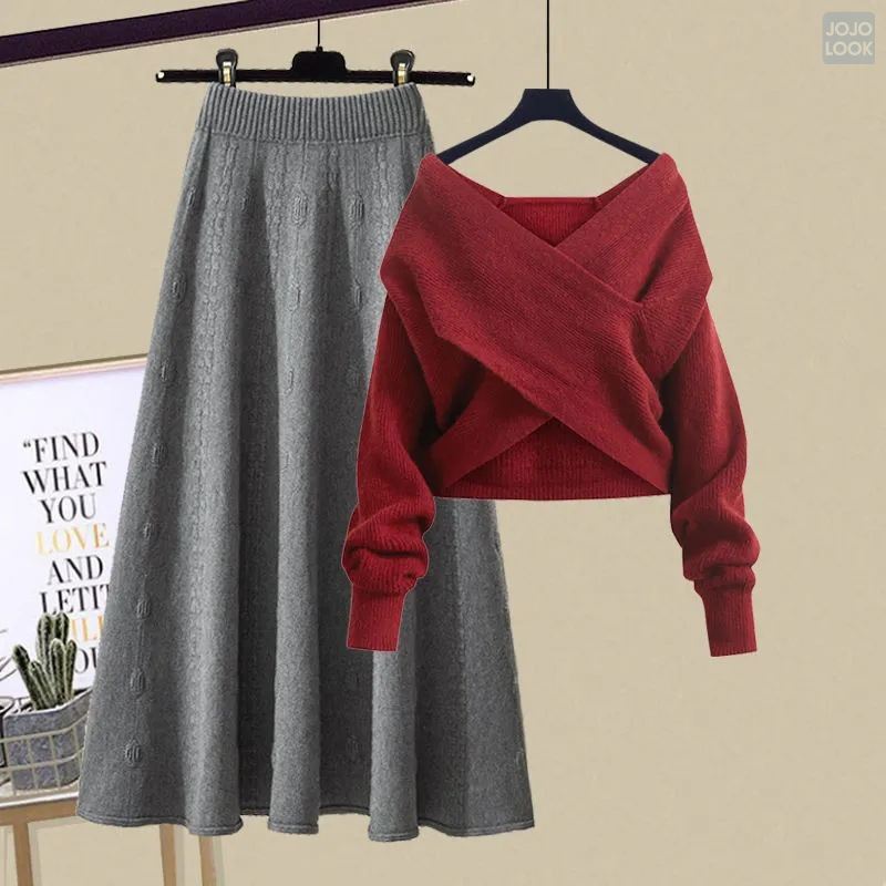 レッド/セーター+グレー/スカート