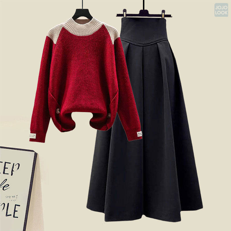 レッド/セーター+ブラック/スカート