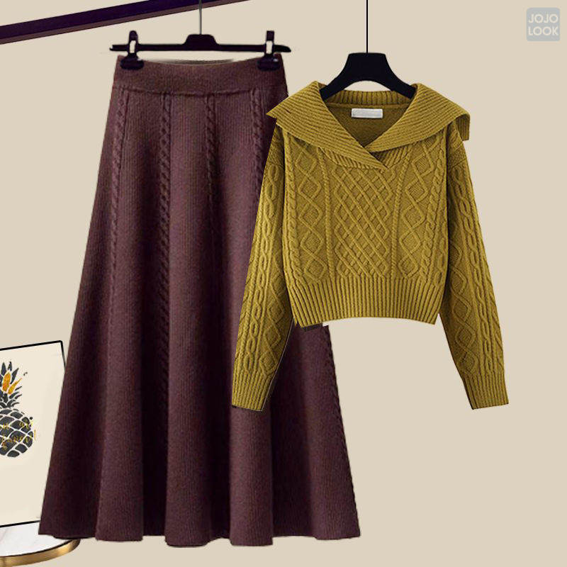 グリーン/セーター+コーヒー/スカート