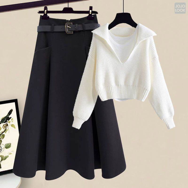 ホワイトセーター＋タンクトップ+ブラックスカート