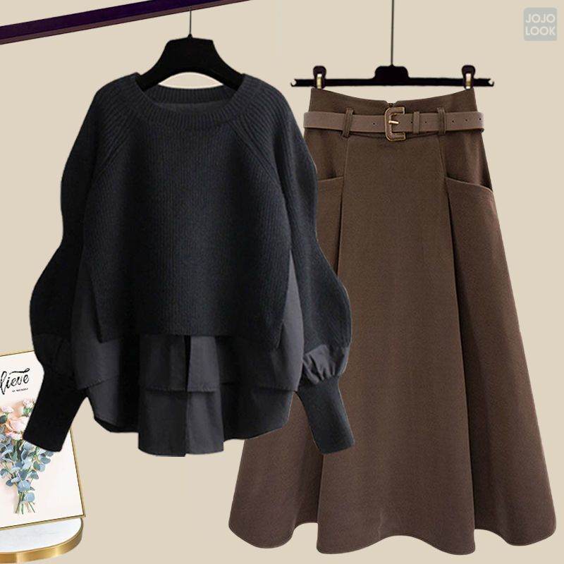 ブラック/トップス+コーヒー/スカート