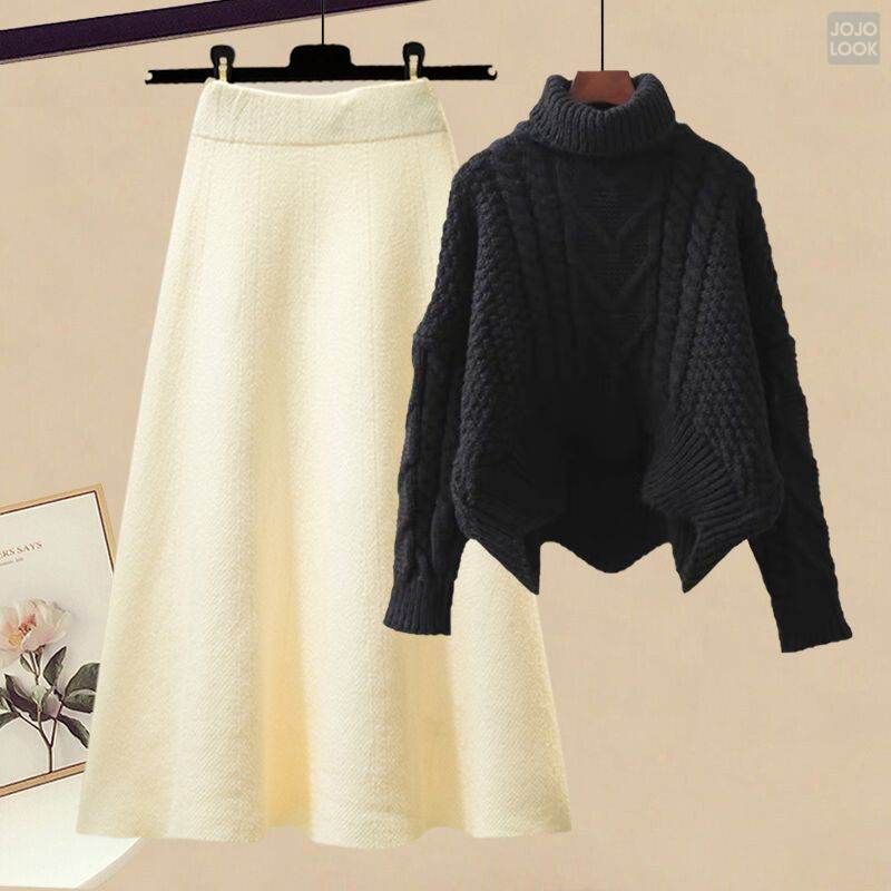 ブラックセーター+アイボリースカート