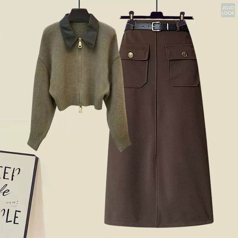 ベージュ/ニット.セーター+コーヒー/スカート
