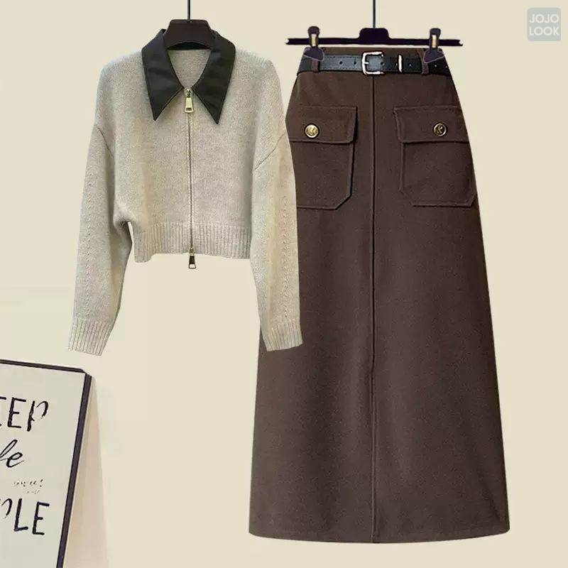 ホワイト/ニット.セーター+コーヒー/スカート