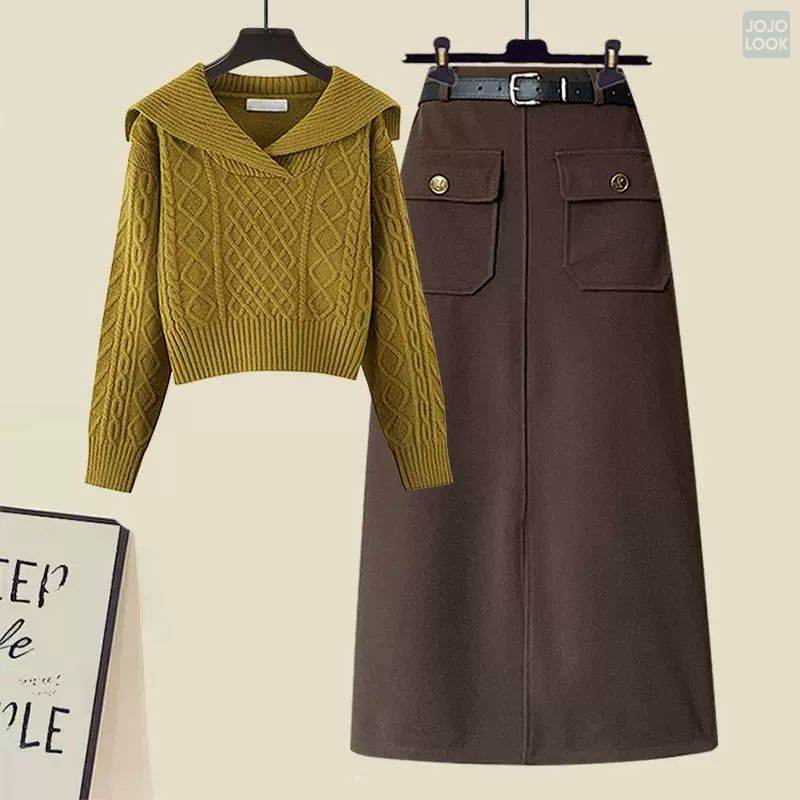 グリーン/ニット.セーター+コーヒー/スカート