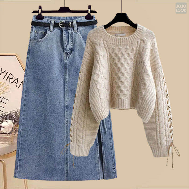 アプリコット/セーター+ブルー/スカート