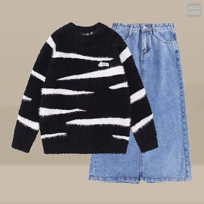 ブラック/セーター+ブルー/スカート