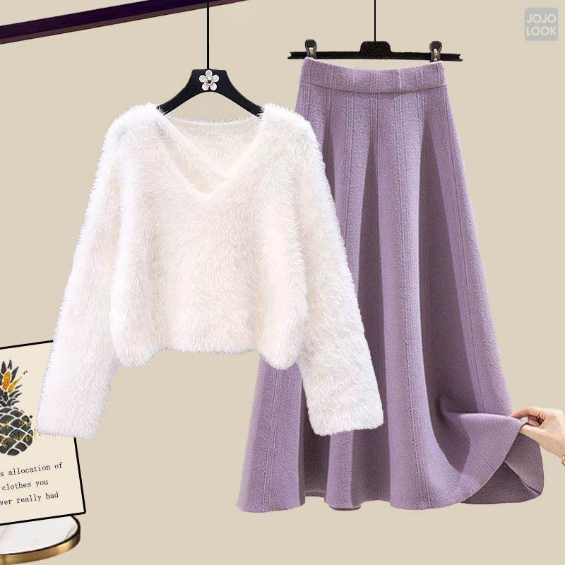 ホワイト/セーター+パープル/スカート