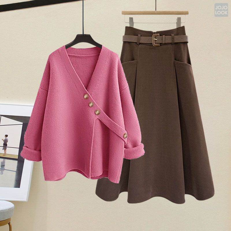 ピンク/セーター+コーヒー/スカート