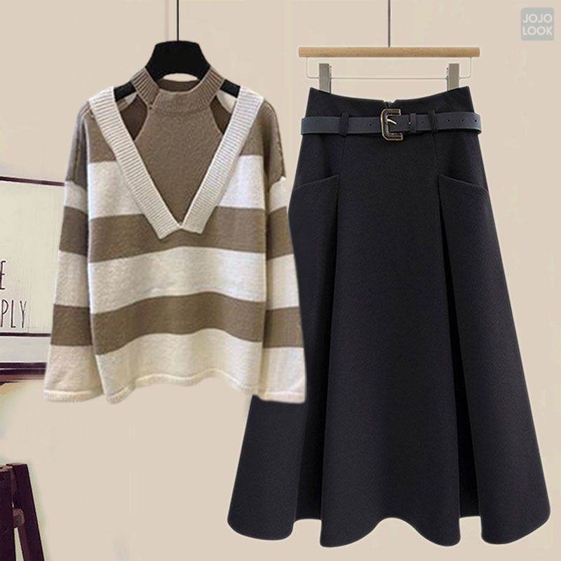 配色/セーター+ブラック/スカート