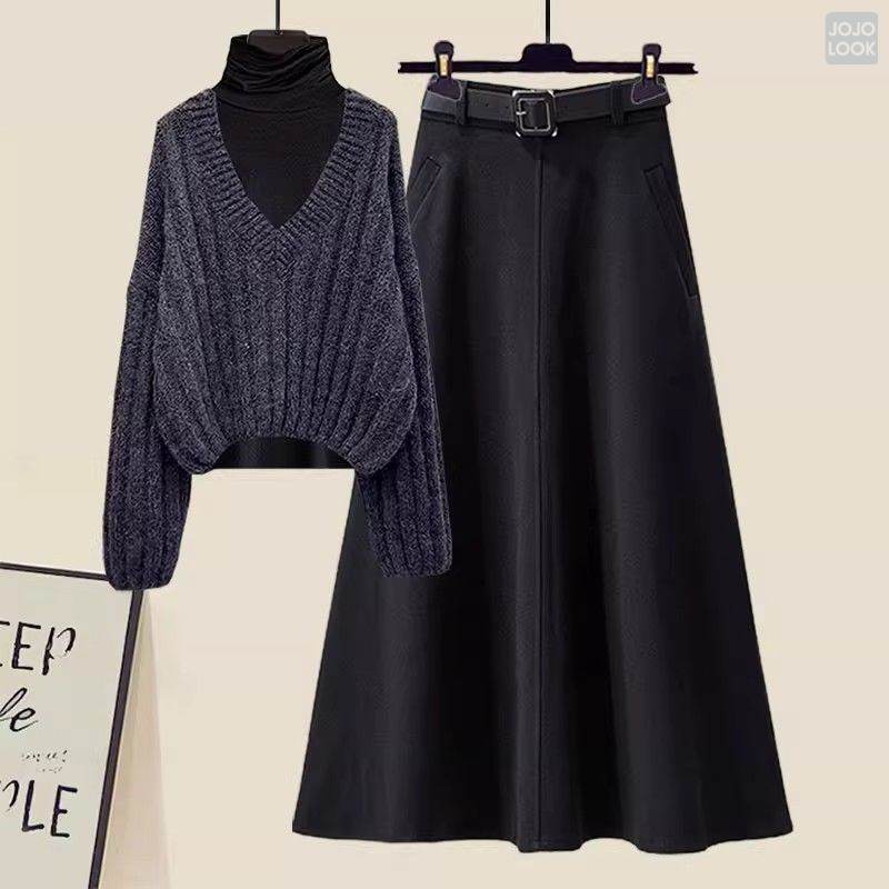 ブルー/セーター+ブラック/カットソー＋ブラック/スカート