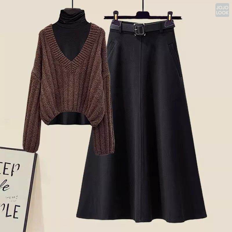 コーヒー/セーター+ブラック/カットソー＋ブラック/スカート