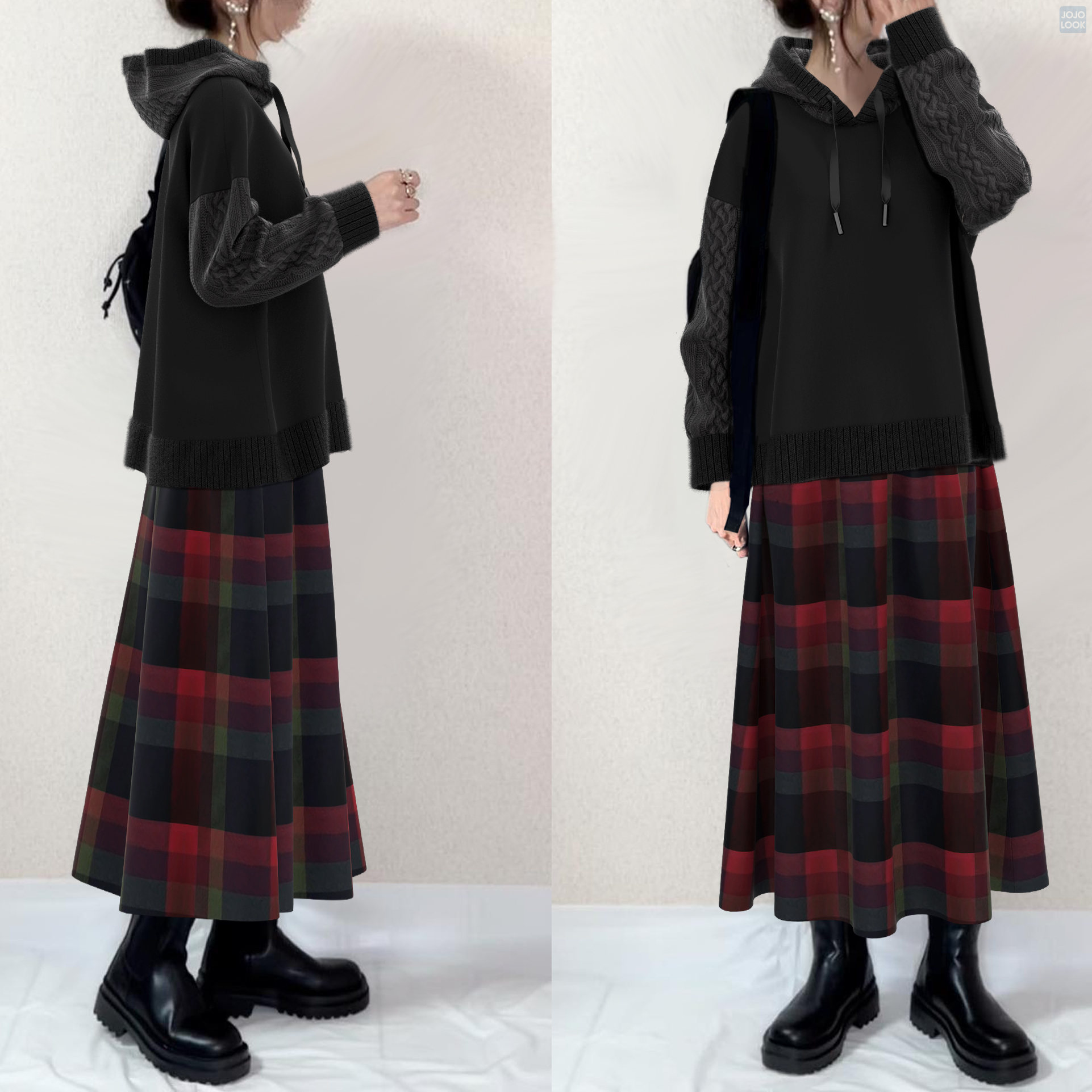 ブラック/トップス+レッド/スカート