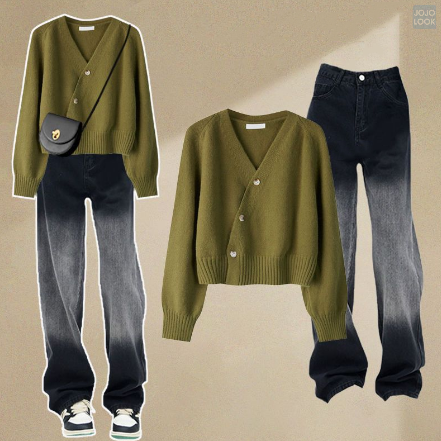 グリーン/ニット.セーター+ブラック/パンツ