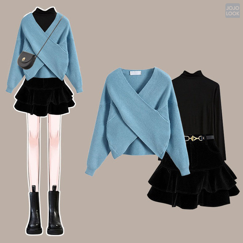 ブルー/ニット.セーター+ブラック/カットソー+ブラック/スカート