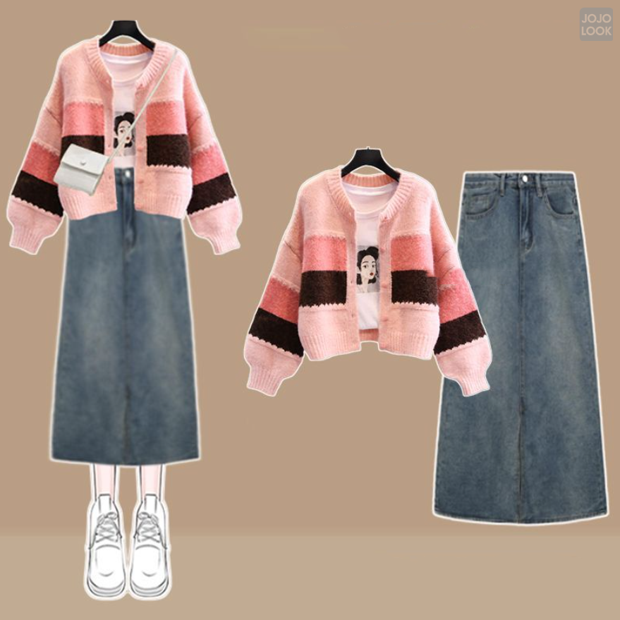 ピンク/カーディガン+ブルー/スカート