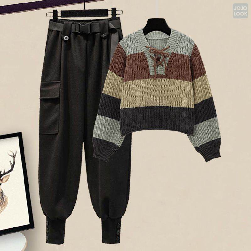 グリーン/ニット.セーター+ブラック/パンツ
