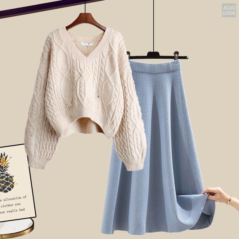 アプリコット/セーター+ブルー/スカート