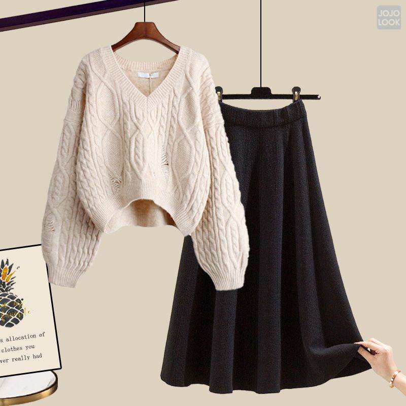アプリコット/セーター+ブラック/スカート