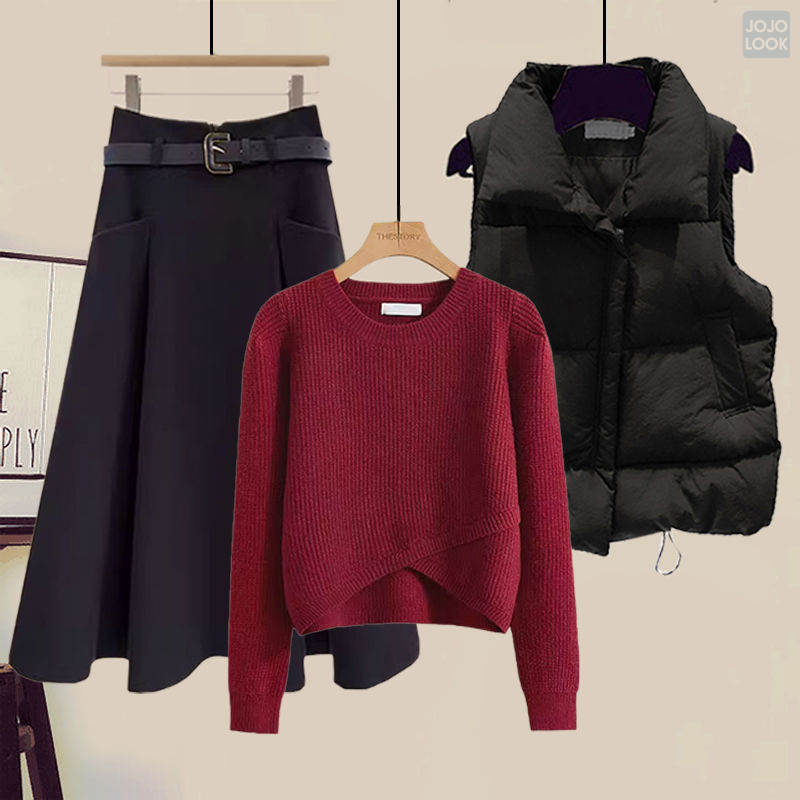 ブラック/ベスト+レッド/ニット.セーター+ブラック/スカート