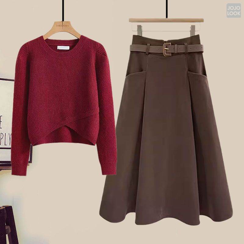 レッド/ニット.セーター+コーヒー/スカート