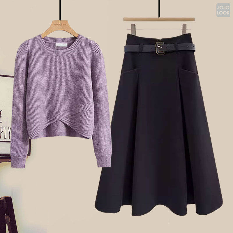 パープル/ニット.セーター+ブラック/スカート