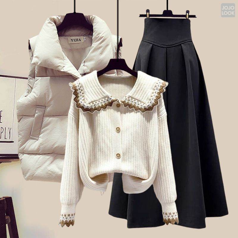 アイボリー/ベスト+ホワイト/ニット.セーター+ブラック/スカート