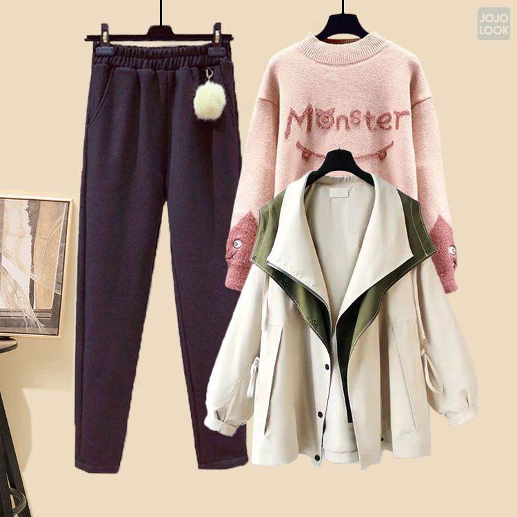 ピンク/セーター+アイボリー/アウター+ブラック/パンツ