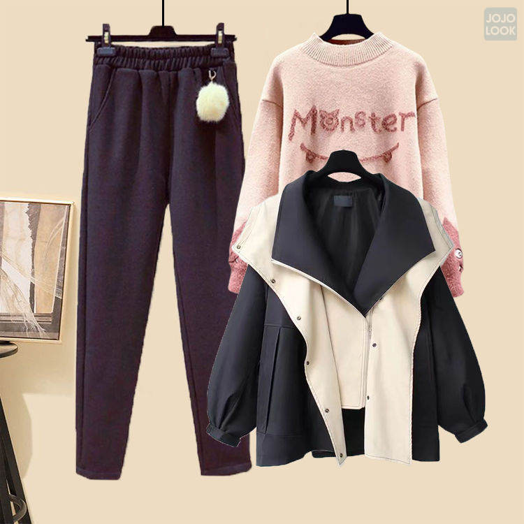 ピンク/セーター+ブラック/アウター+ブラック/パンツ