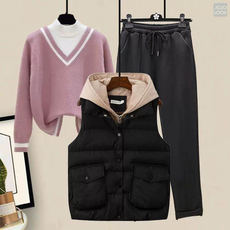 ブラック/ベスト+ピンク/ニット.セーター+ブラック/パンツ