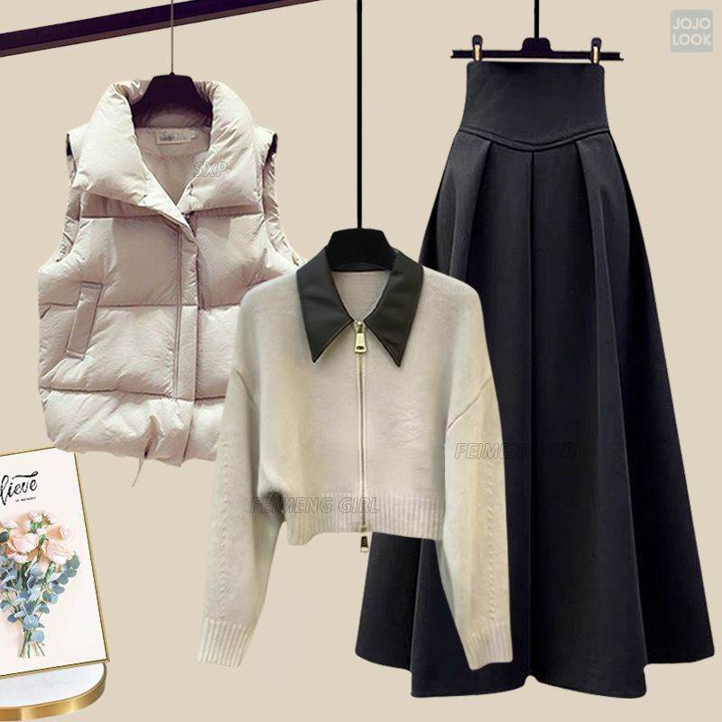 ホワイト/ベスト+アイボリー/セーター+ブラック/スカート