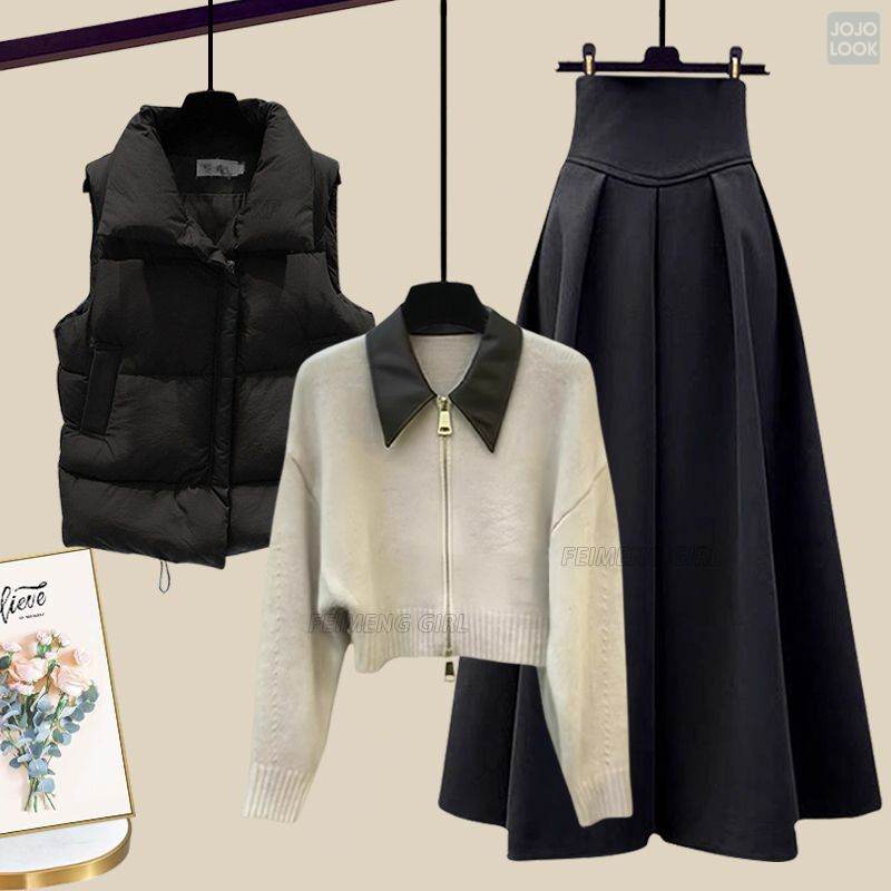 ブラック/ベスト+アイボリー/セーター+ブラック/スカート