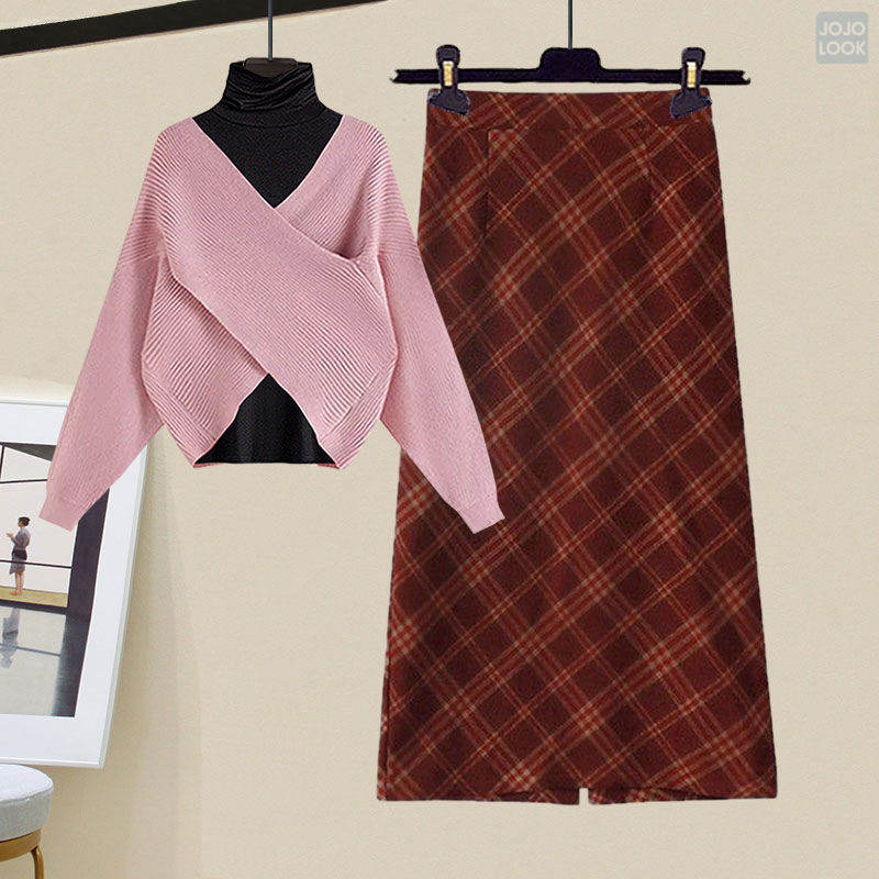 ピンク/ニット.セーター+ブラック/カットソー+レッド/スカート