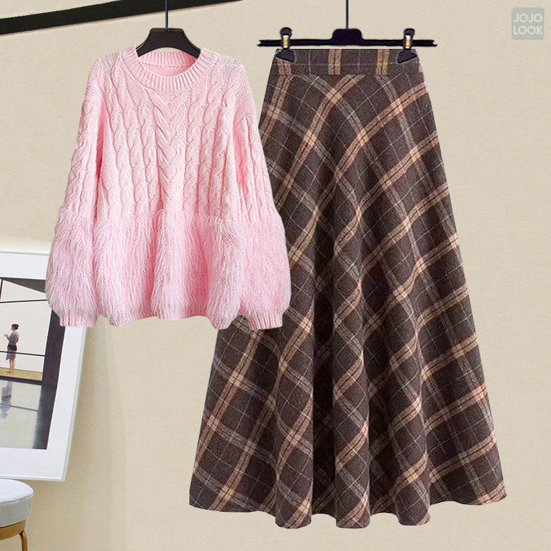 ピンク/ニット.セーター+コーヒー/スカート