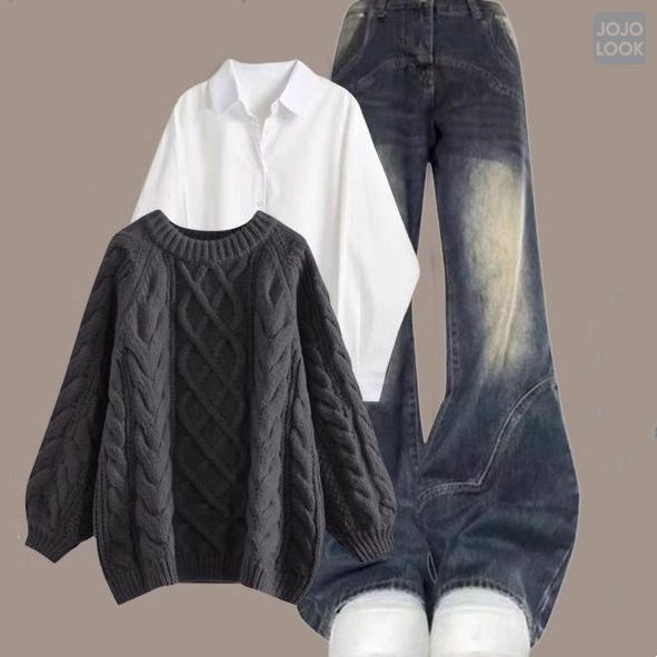 グレー/セーター+ホワイト/シャツ+ブルー/パンツ