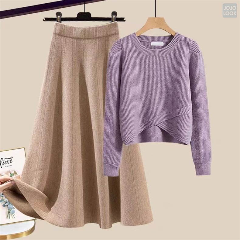 パープル/セーター+コーヒー/スカート