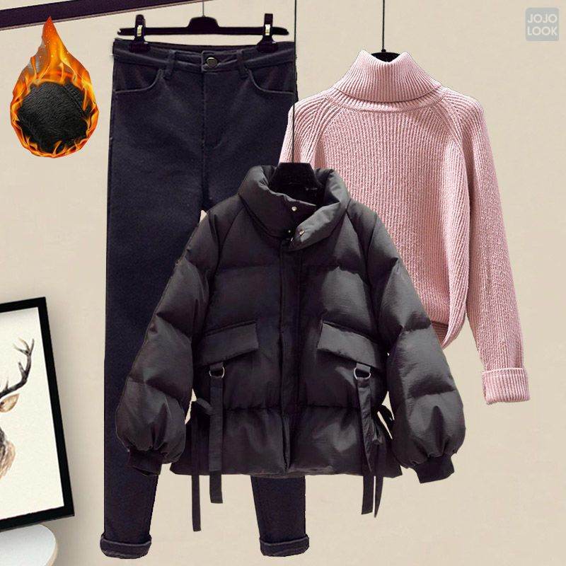 ピンク/ニット.セーター+ブラック/中綿コート+ブラック/パンツ