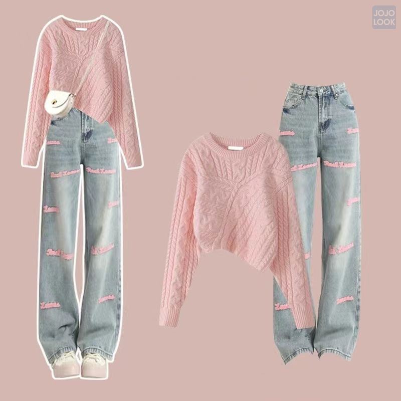 ピンク/セーター+ブルー/パンツ