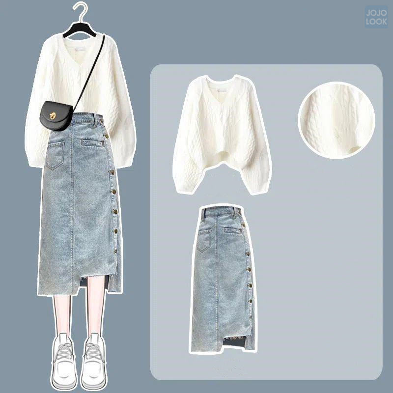 ホワイト/ニット.セーター+ブルー/スカート