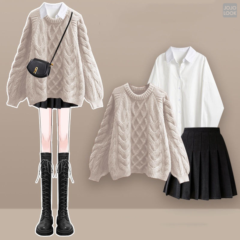 アイボリー/セーター＋ホワイト/シャツ＋ブラック/スカート