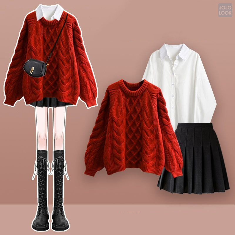 レッド/セーター＋ホワイト/シャツ＋ブラック/スカート