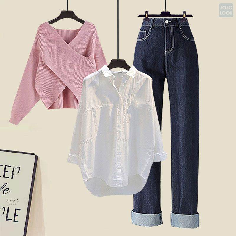 ホワイト/シャツ+ピンク/ニット.セーター+ブルー/パンツ