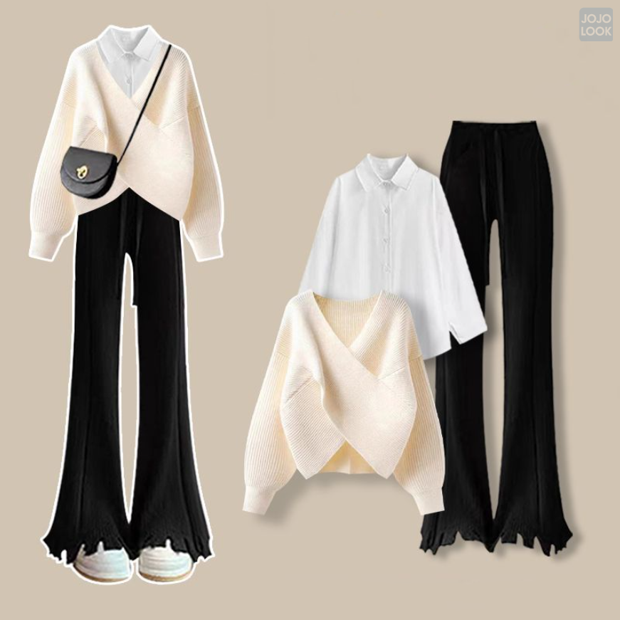 アイボリー/ニット.セーター+ホワイト/シャツ+ブラック/パンツ