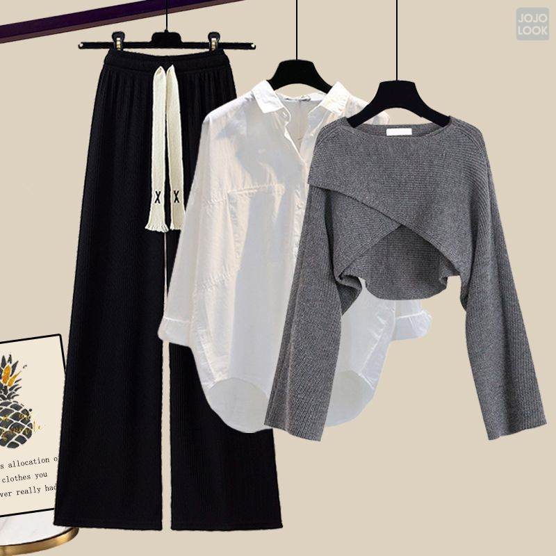 グレー/ニット.セーター+ホワイト/シャツ+ブラック/パンツ