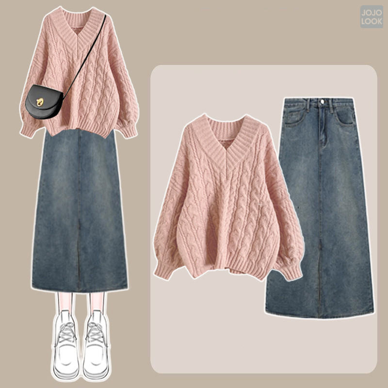 ピンク/セーター+ブルー/スカート