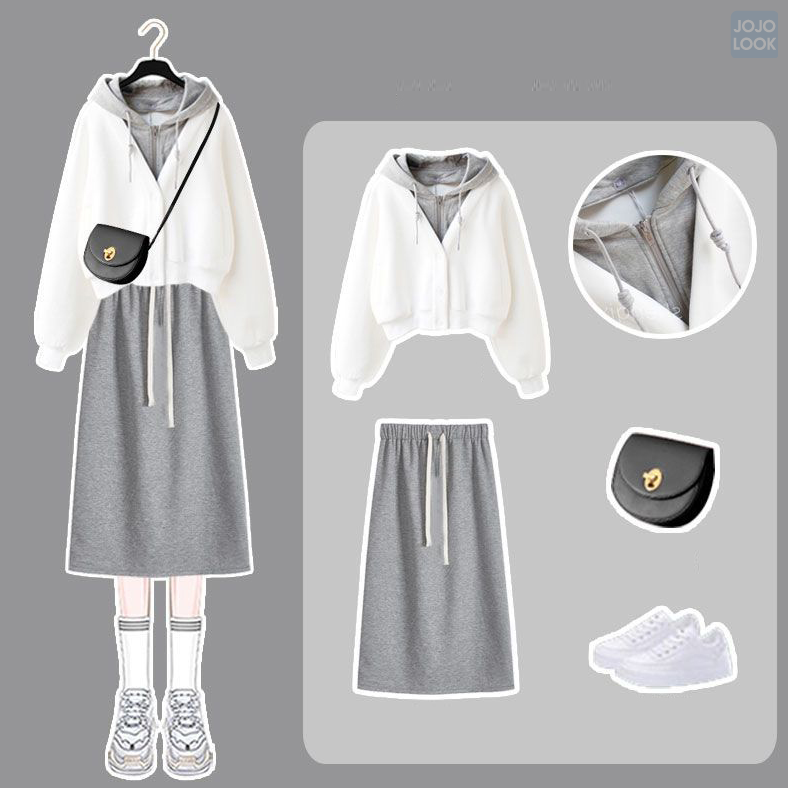 ホワイト/パーカー+グレー/スカート